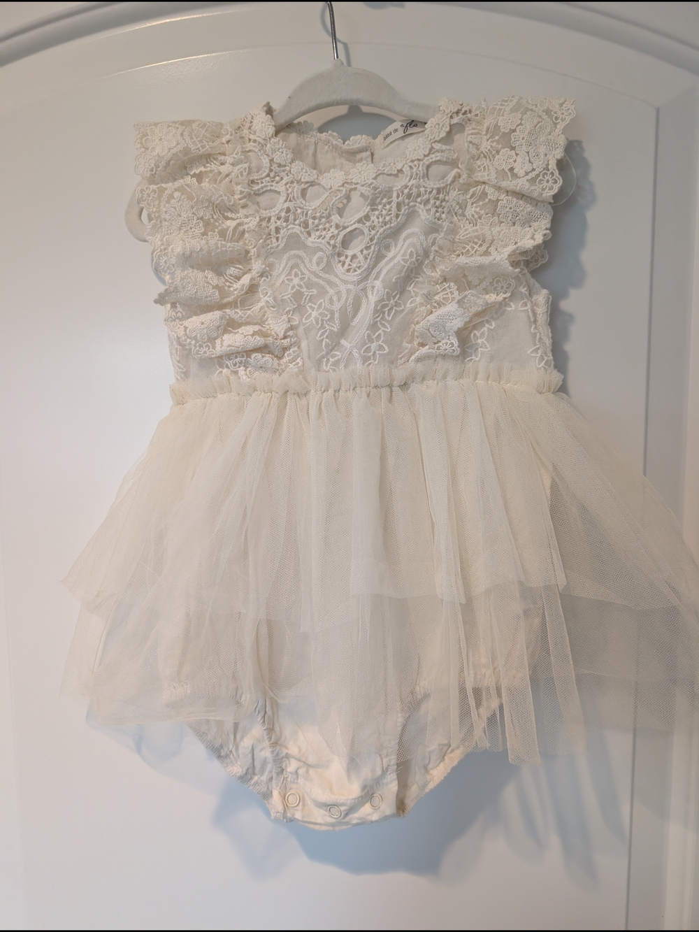 Lace Tulle Floral Romper Dress - Cream